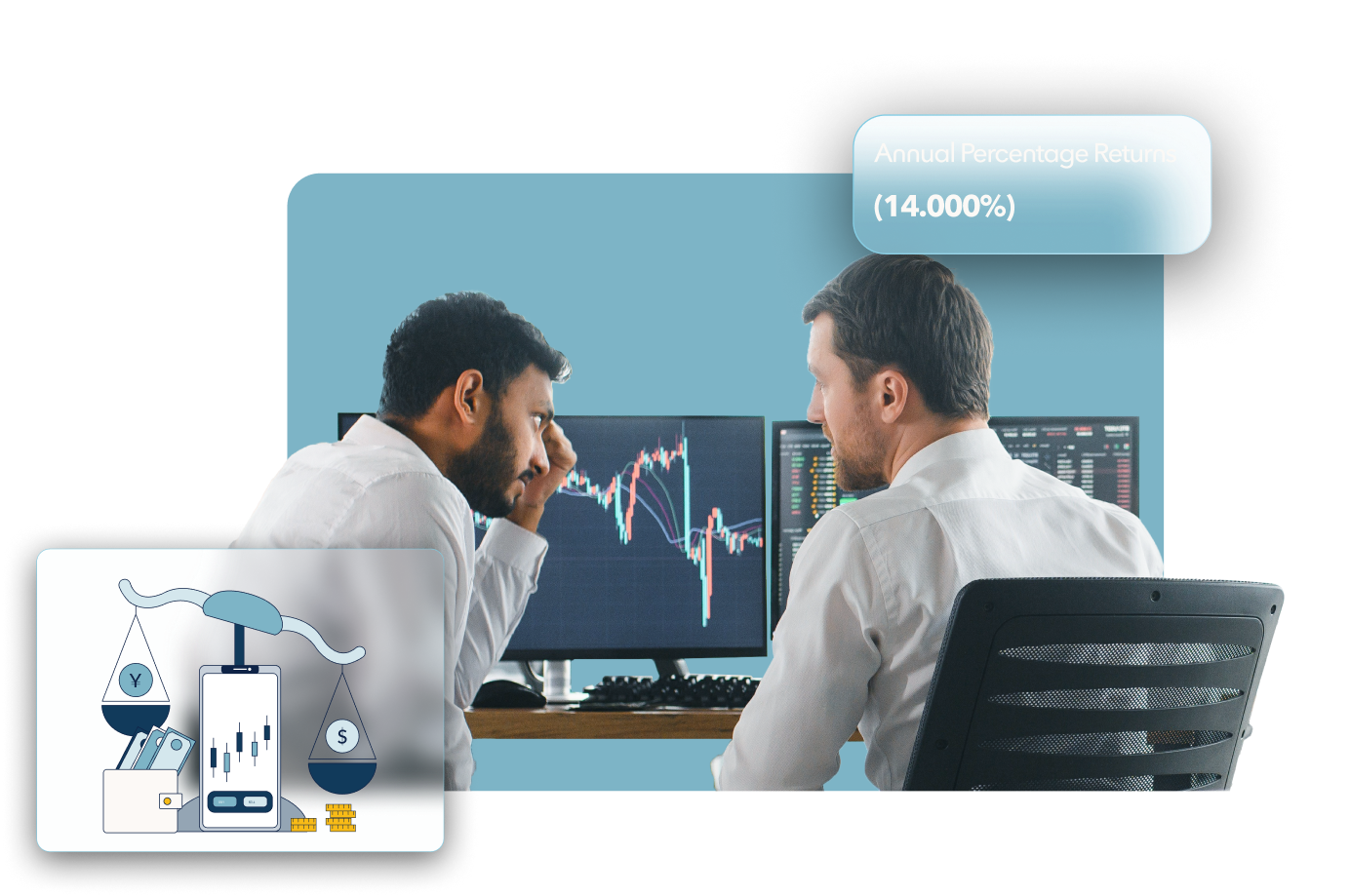 2 men looking at a monitor with a forex graph displayed