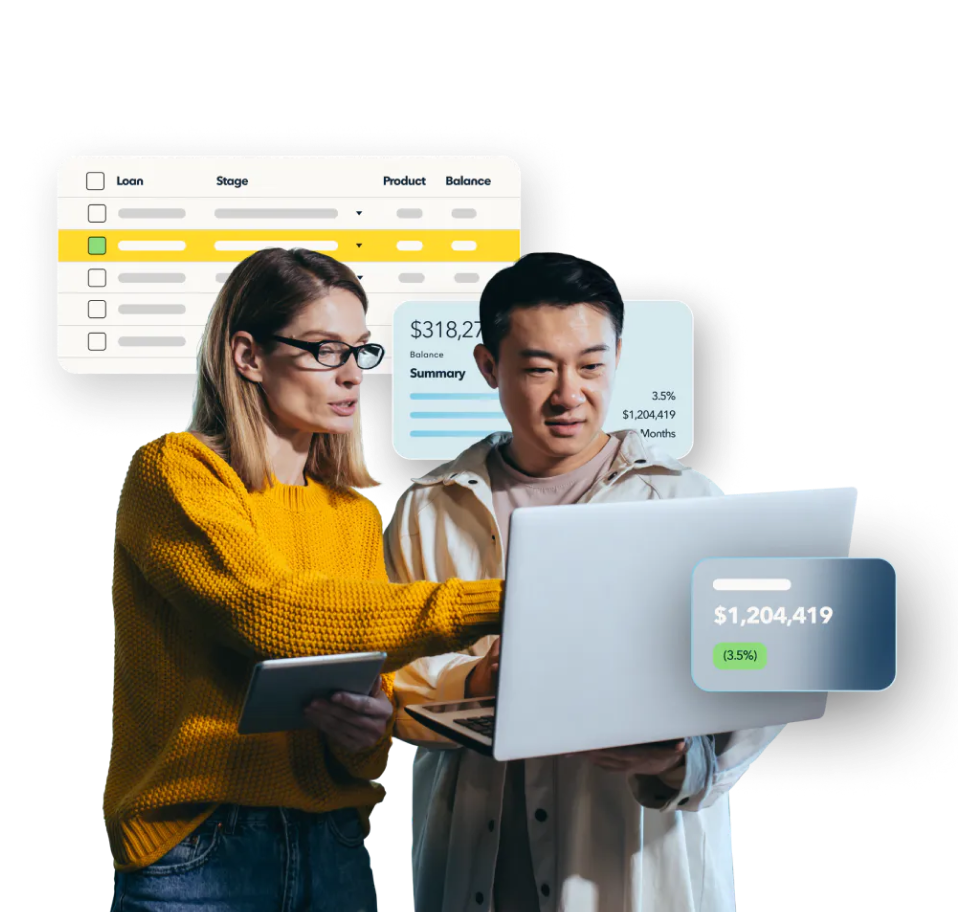 2 people looking at laptop with dashboard showing numbers
