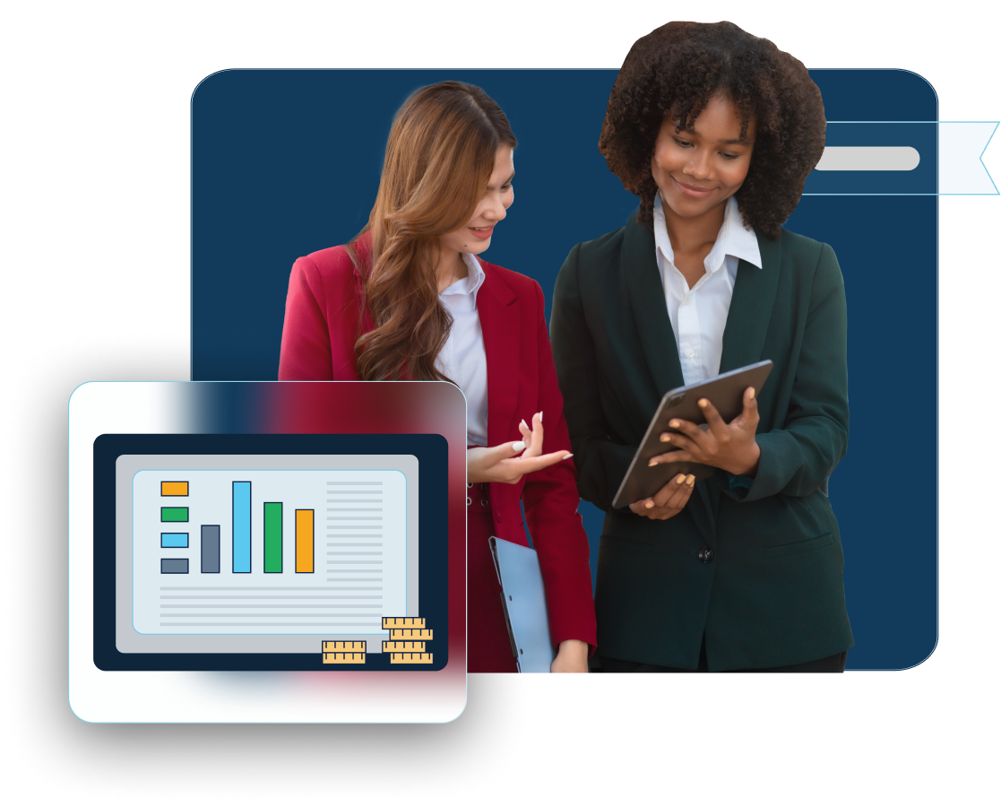 2 women looking at a ipad with a financial chart in the foreground