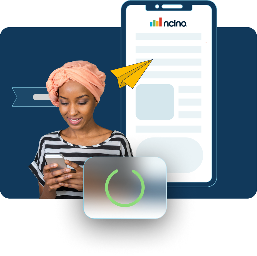 African woman looking at her phone with an illustrated phone behind her showing the nCino logo