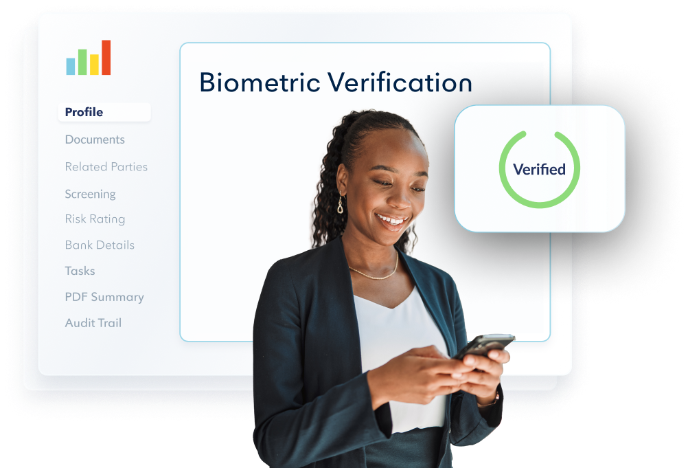 African woman looking at phone smiling with Biomatric Verification dashboard in the background