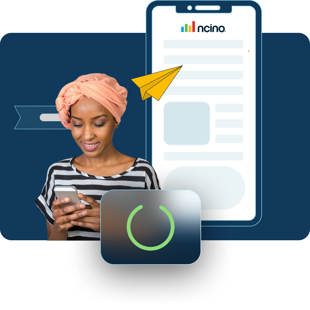 African women looking at a mobile phone with illustrated phone in the background and other illustrated elements