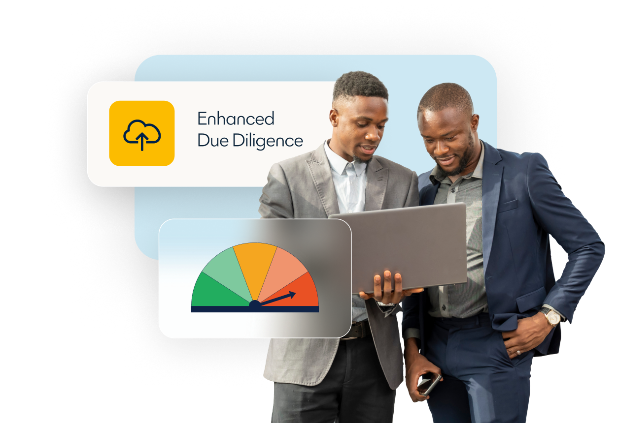 2 african man looking at a laptop with illustration of due diligence in the background