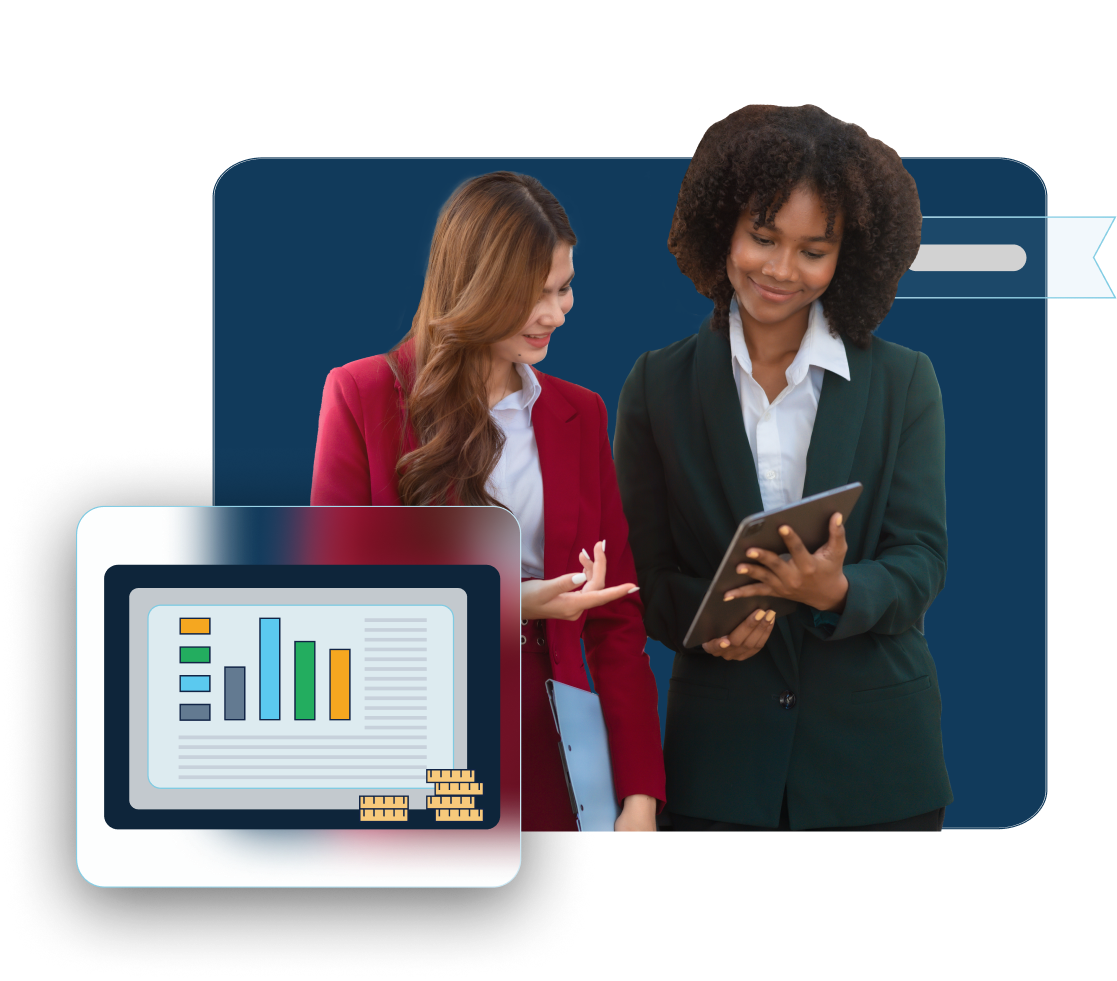 2 business women looking at an ipad with an illustrated graph in the foreground