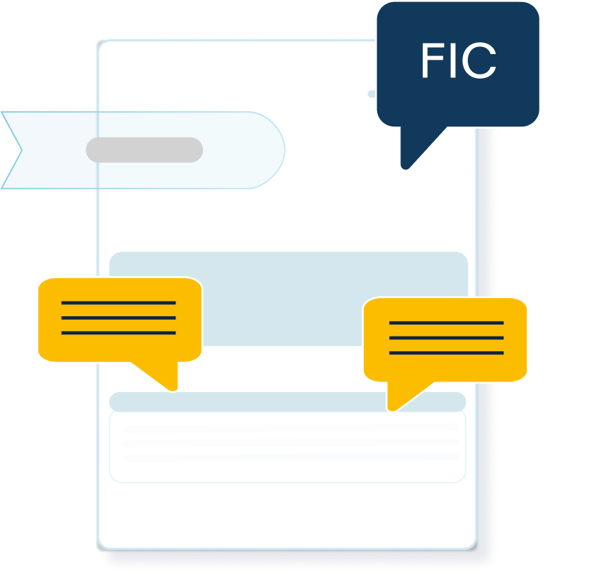 Illustration of document with speech bubble with the words FIC