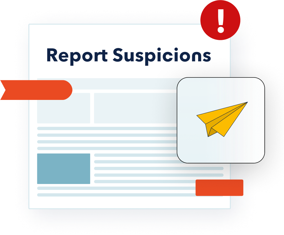 Illustration of newspaper report with the words Report Suspicions