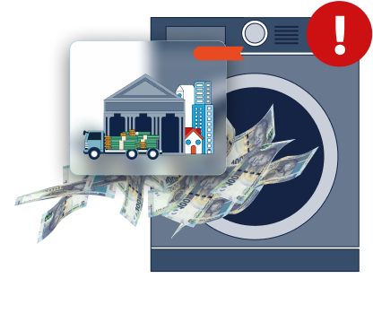 Illustration of whashing machine with money bills coming out of it and illustration of different sectore in the foreground