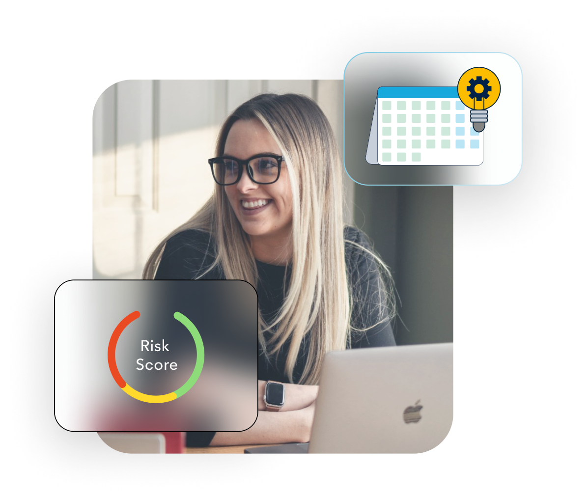 Smiling lady wearing glasses with laptop infront of her and a illustration of a calendar with a lightbulb to the side