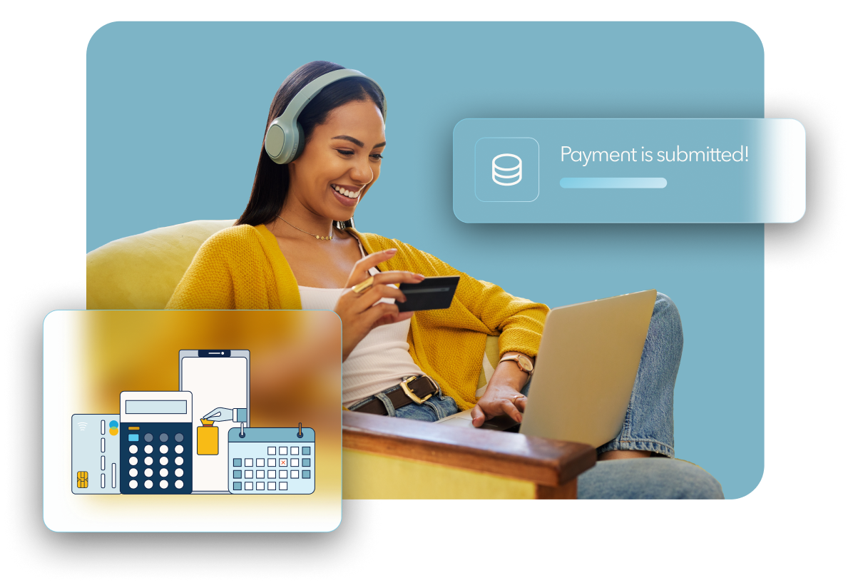 Woman looking at credit card with a laptop on her lap smiling with illustration of financial tools in the foreground