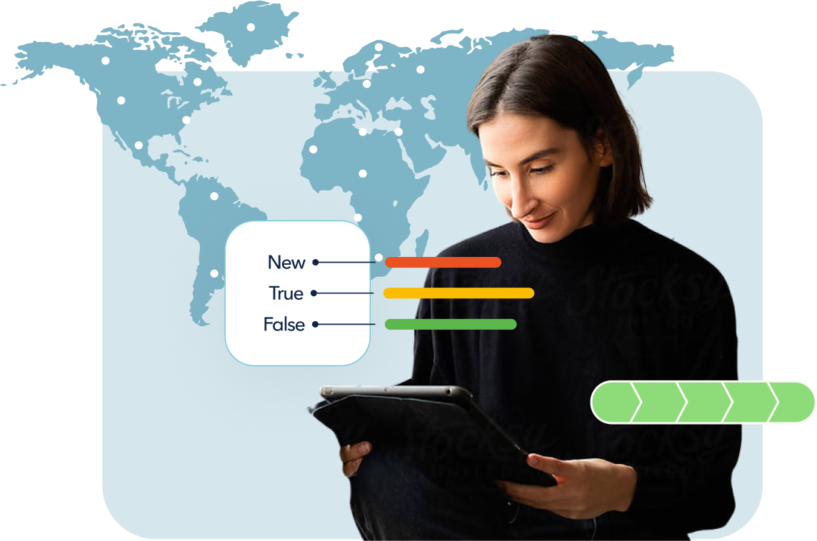 Woman looking at ipad with illustrated map behind her