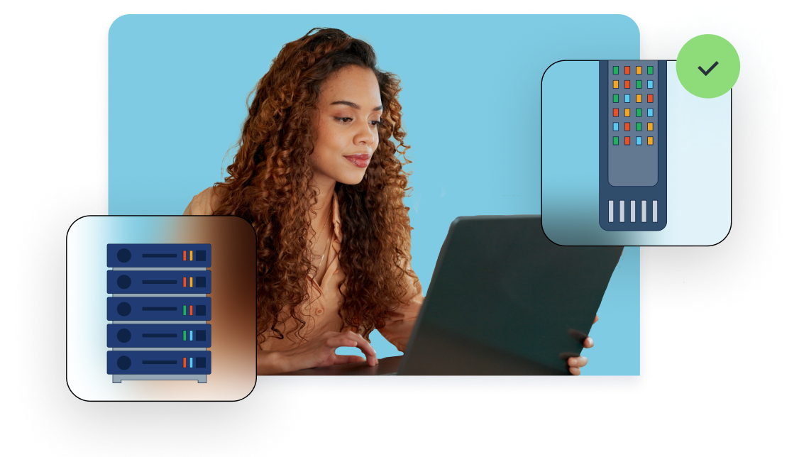 Woman-working-on-a-laptop-with-2-illustrations-show-a-sever-and-a-checkmark