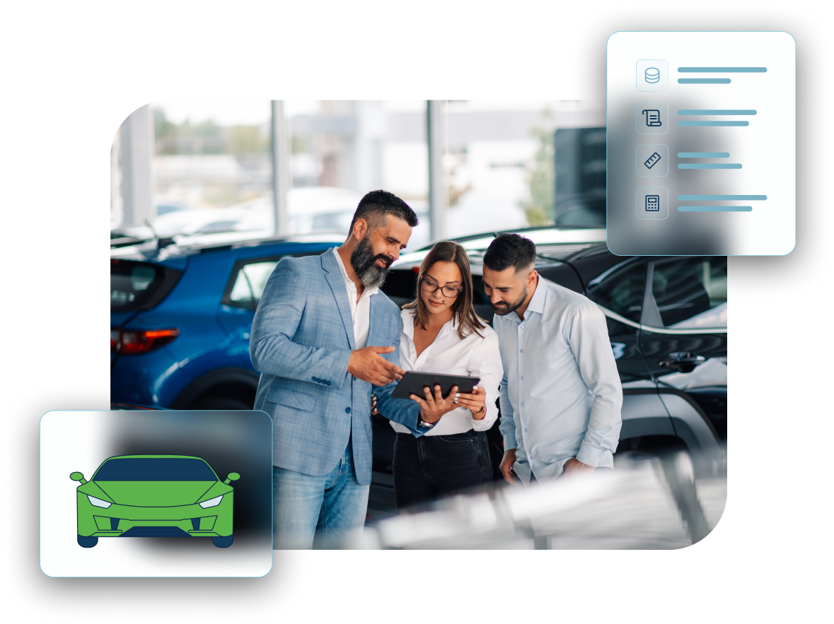 car salesman showing a couple something on his ipad with an illustration of a sportscar in the foreground