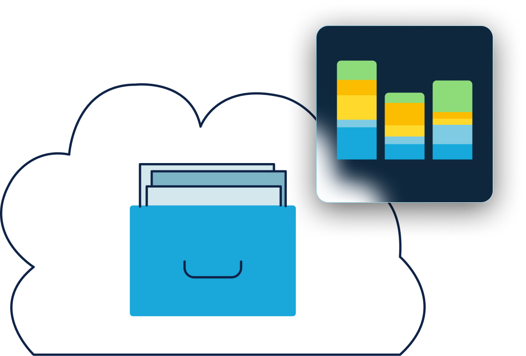 illustration of file cabinet in a cloud and a graph in the foreground