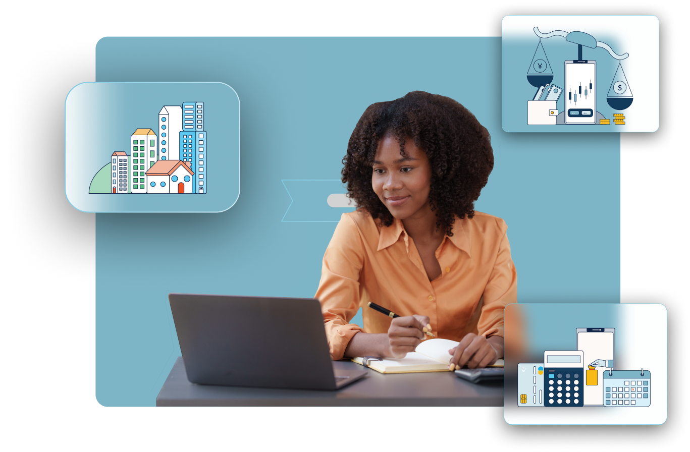 African woman looking at a laptop screen while taking notes with illustrations of different industry elements in the foreground transparent