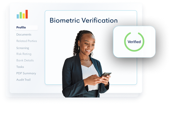 Woman on the phone with an illustrated biometric verification dashboard in the background