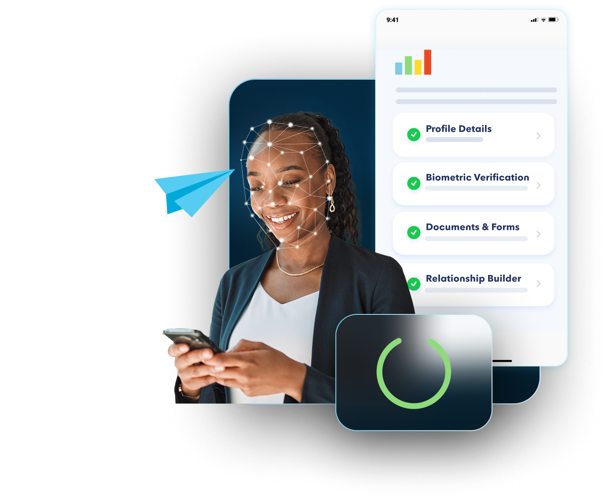 business woman on her phone smiling with illustration of phone dashboard in the background